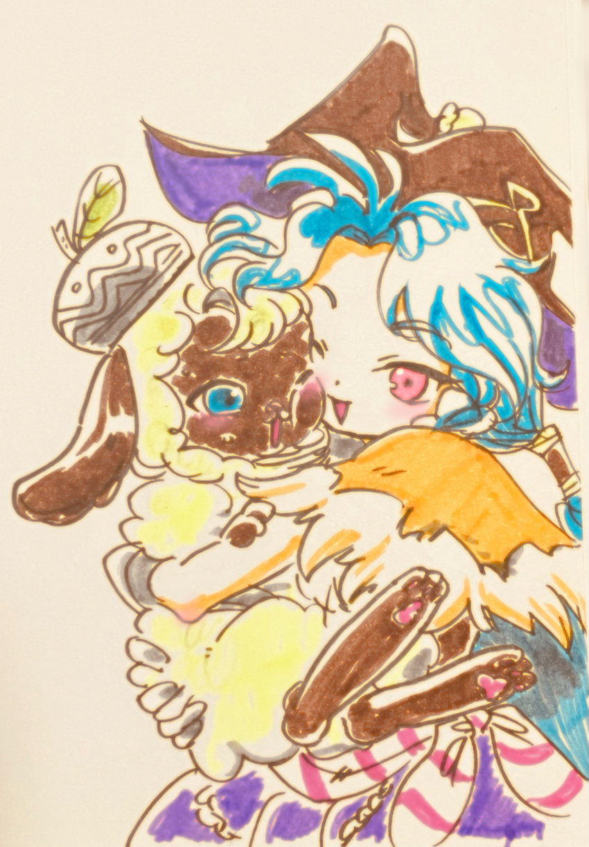 1boy, 1girl, absurdres, animal_ears, aqua_hair, blue_eyes, braid, hat