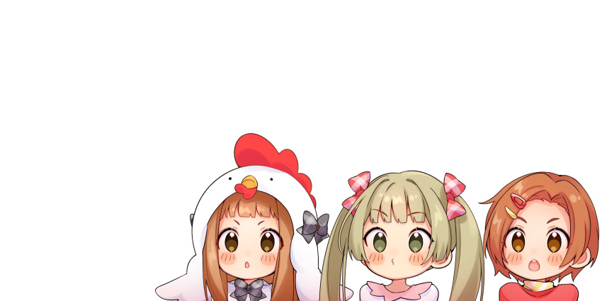 31reyo, 3girls, :o, blush, bow, brown_hair, chicken_costume, cosplay