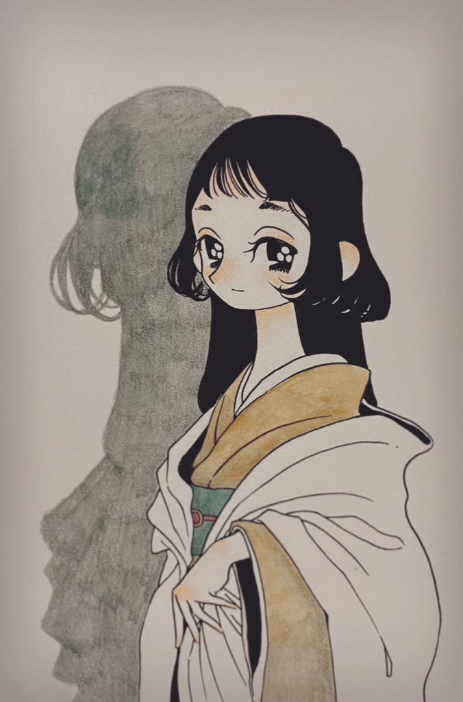 1girl, black_eyes, black_hair, brown_kimono, closed_mouth, from_side, fuminooco, green_sash, haori, japanese_clothes, kimono, light_smile, long_hair, long_neck, long_sleeves, looking_at_viewer, looking_to_the_side, obi, obijime, original, sash, shadow, simple_background, solo, standing, traditional_media, upper_body, wide_sleeves