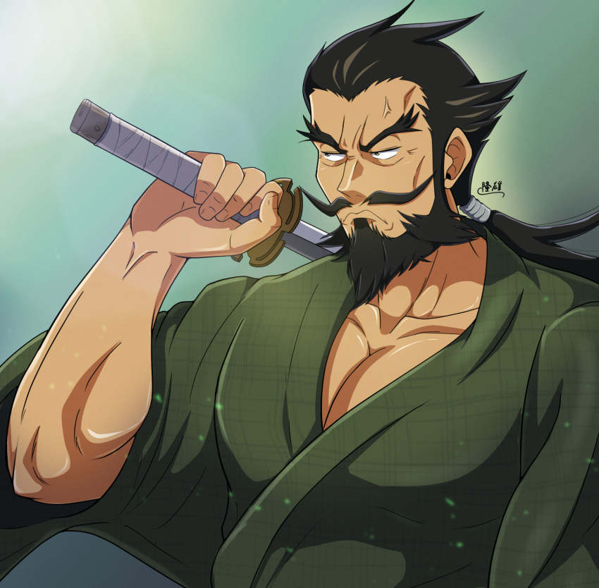 1boy, anger_vein, beard, black_hair, brown_eyes, facial_hair, gradient_background, green_kimono