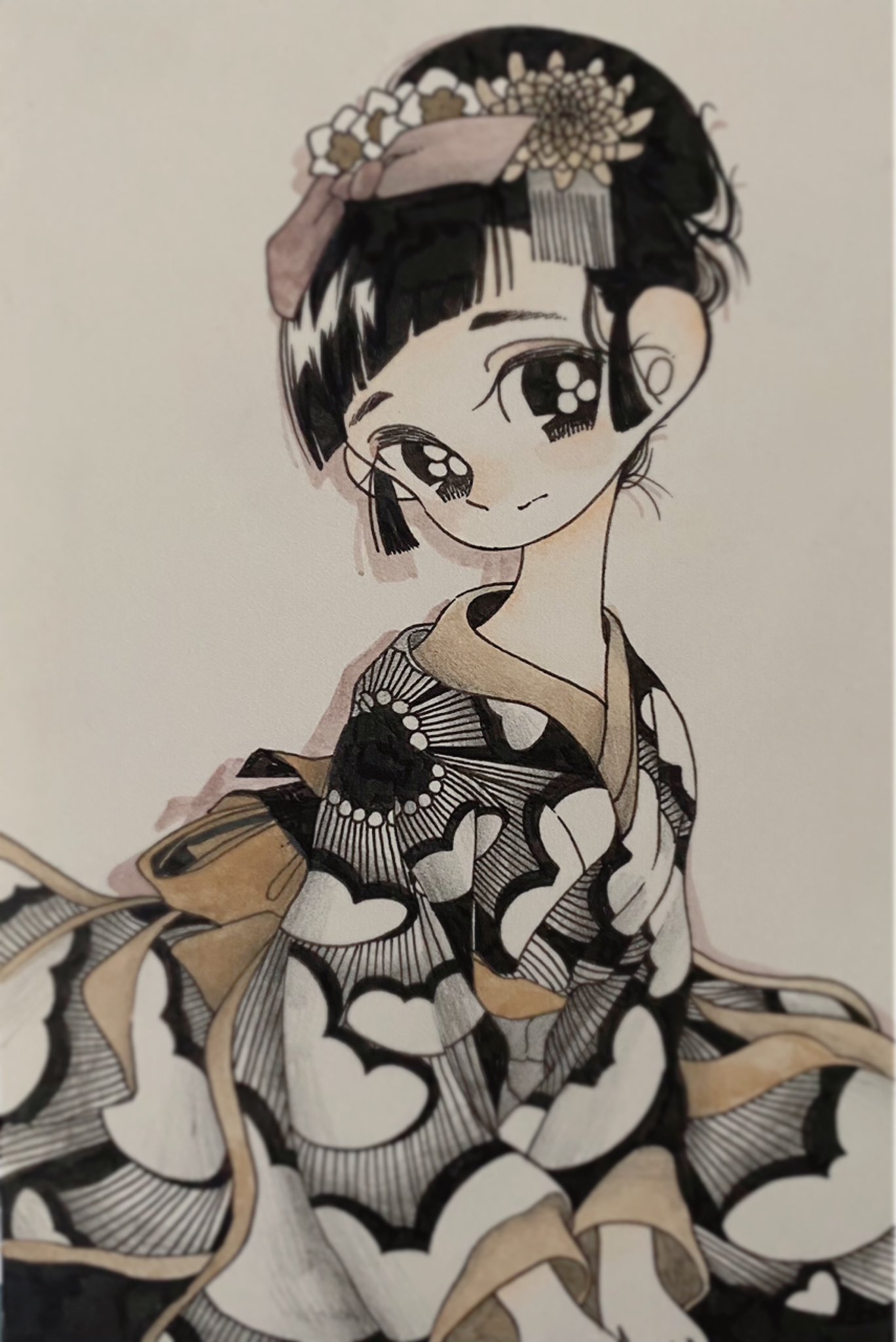 1girl, black_eyes, black_hair, blunt_bangs, closed_mouth, flower, fuminooco, hair_flower