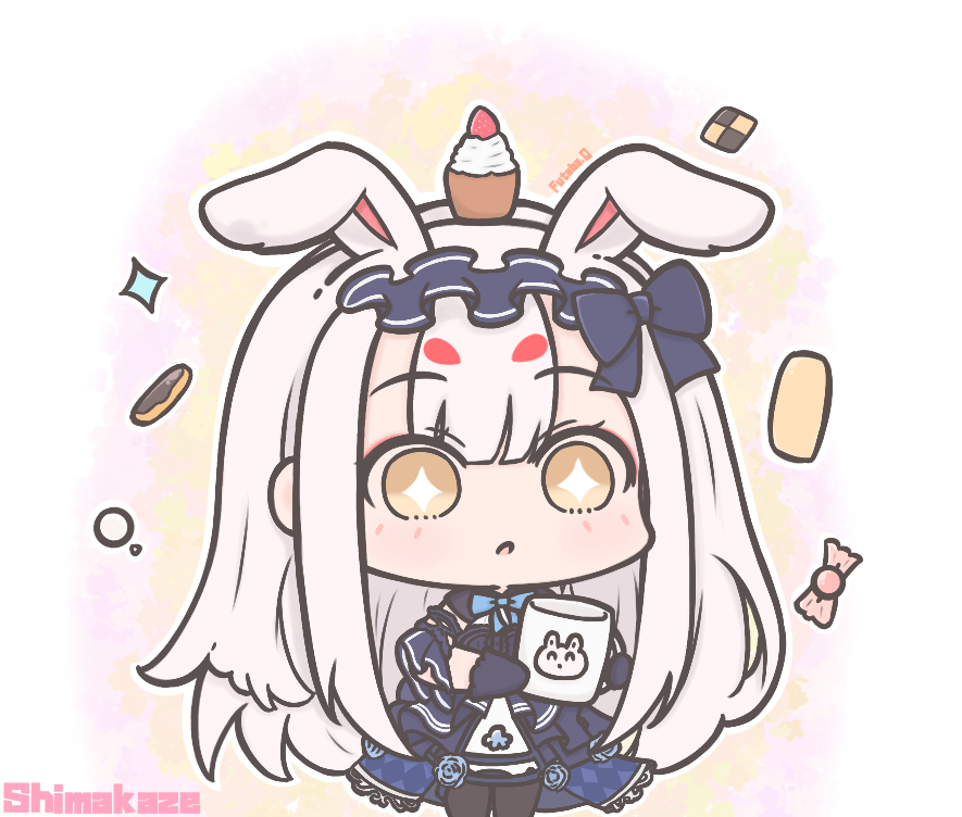 1girl, animal_ears, azur_lane, blue_dress, character_name, chibi, commentary, cup