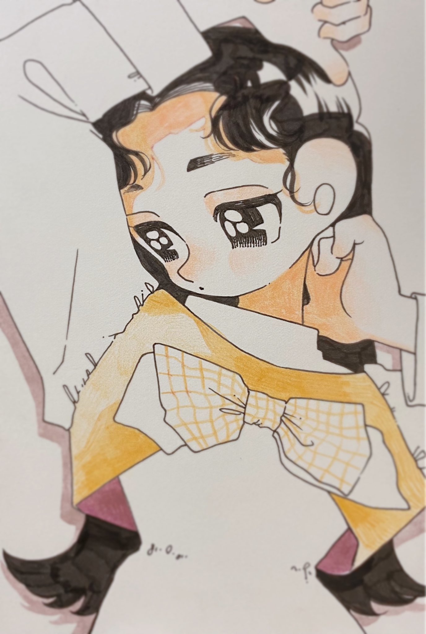 1girl, arm_up, black_eyes, black_hair, bow, bowtie, commentary, cropped_vest