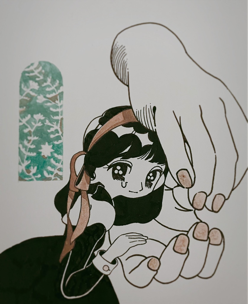 1girl, 1other, black_dress, black_eyes, black_hair, buttoned_cuffs, closed_mouth, commentary