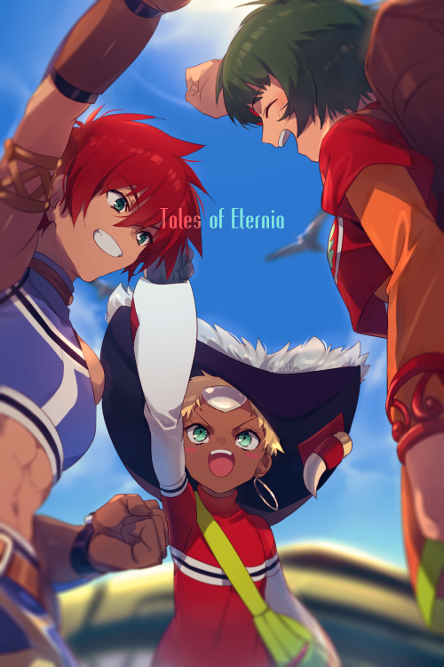 1boy, 2girls, abs, ahoge, bird, blonde_hair, blue_eyes, chat_(tales)