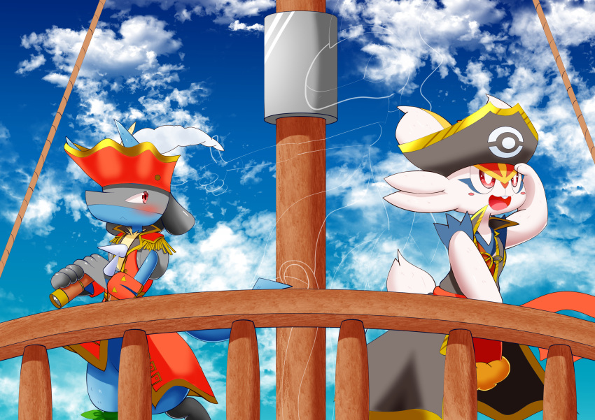 2others, absurdres, blue_fur, blue_sky, body_fur, cinderace, cinderace_(captain), clothed_pokemon, furry, hat, highres, holding_telescope, lucario, lucario_(captain), multiple_others, pirate_costume, pirate_hat, pirate_ship, pokemon, pokemon_(creature), pokemon_(game), pokemon_unite, red_eyes, red_fur, sky, spikes, telescope, white_fur, wind, wooden_railing, yellow_fur