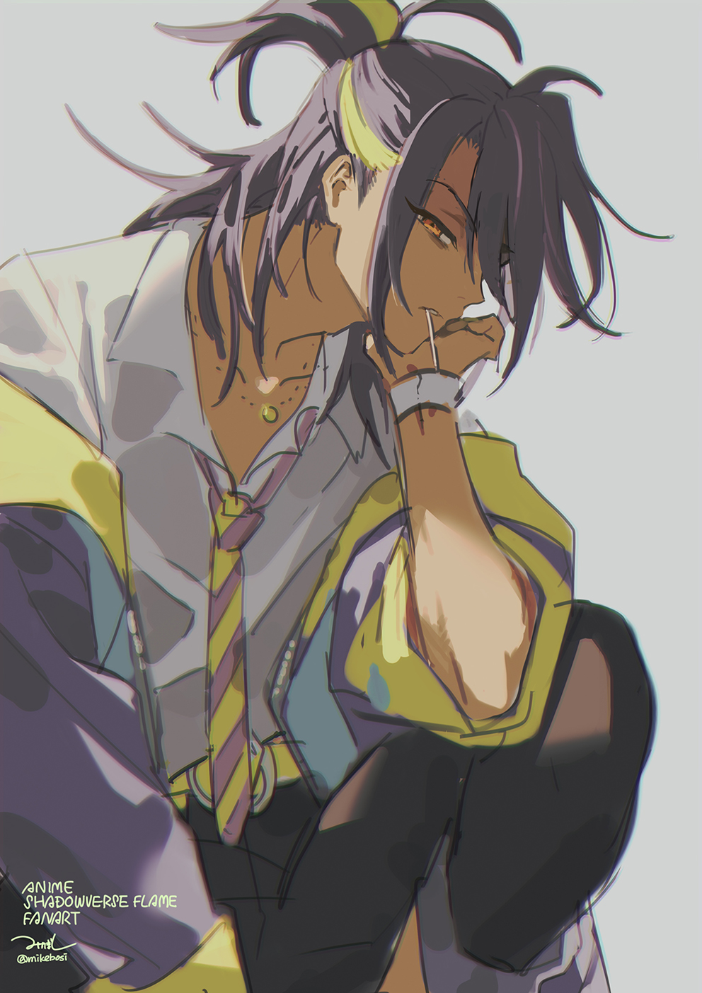 1boy, accessories, blonde_hair, bracelet, english_text, from_side, grey_background, hazeura_haruma_(shadowverse_flame)