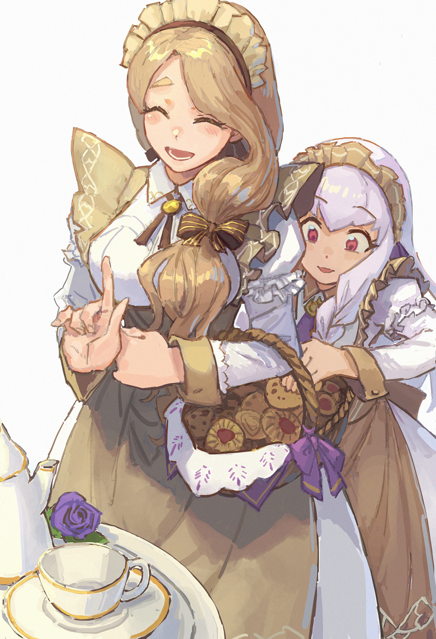 2girls, alternate_costume, apron, basket, blonde_hair, bow, braid, closed_mouth