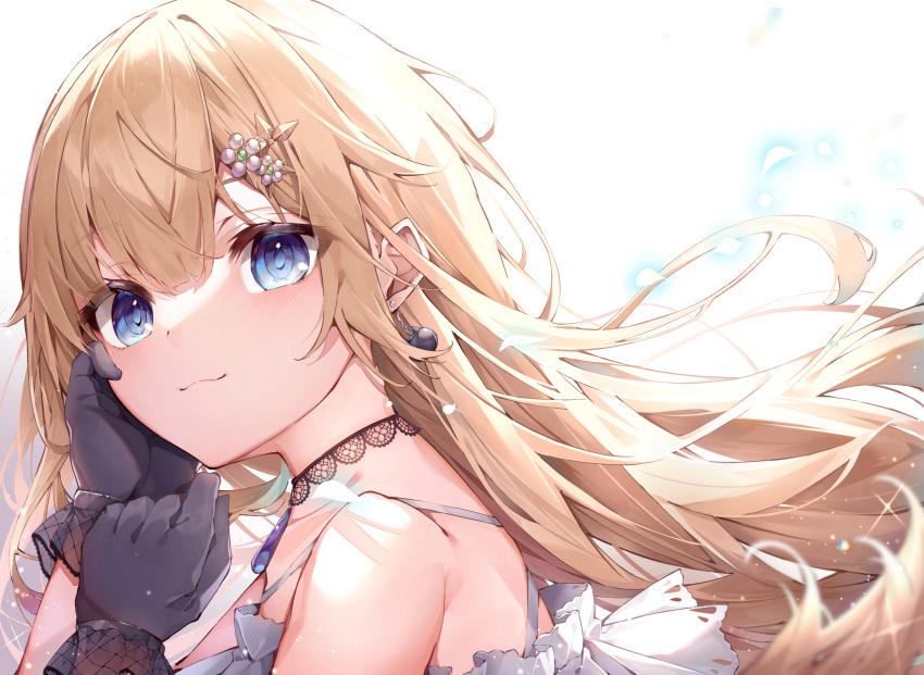 1girl, absurdres, aizawa_ema, black_gloves, blonde_hair, blue_eyes, blush, cat_earrings