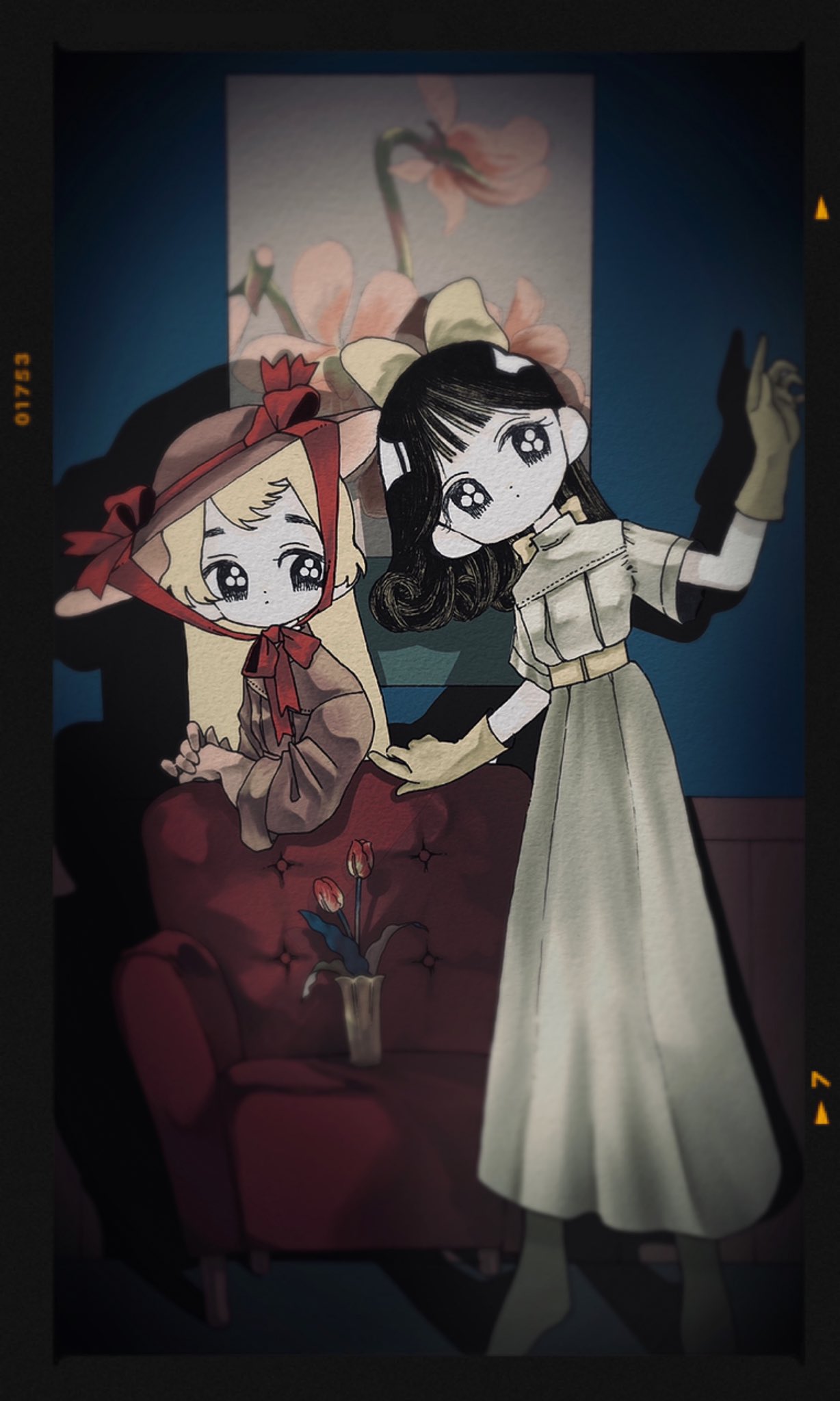 2girls, armchair, belt, black_border, black_eyes, black_hair, blonde_hair, border