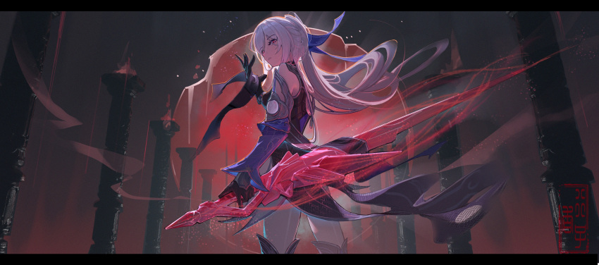 1girl, absurdres, bare_shoulders, black_blindfold, black_gloves, blindfold, blue_dress, blue_ribbon