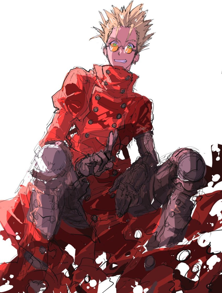 1boy, absurdres, black_gloves, blonde_hair, boots, coat, decided_218, gloves, green_eyes, happy, highres, invisible_chair, red_coat, simple_background, sitting, smile, solo, teeth, trigun, v, vash_the_stampede, white_background