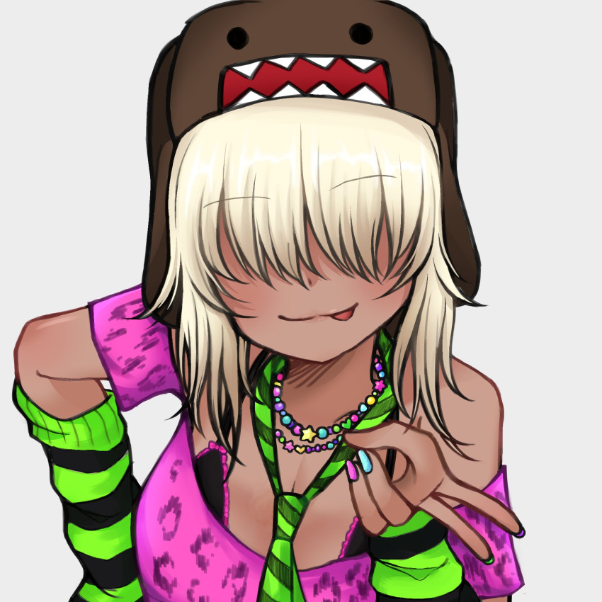 1girl, blonde_hair, bra, breasts, domo-kun, hat, highres, human_experiment_(wwinterdotcom), jewelry, large_breasts, nail_polish, necklace, necktie, original, smile, solo, tan, tongue, tongue_out, underwear
