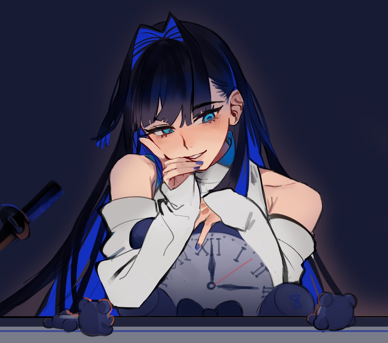 1girl, bare_shoulders, blue_background, blue_eyes, blue_hair, blue_nails, blush, clock