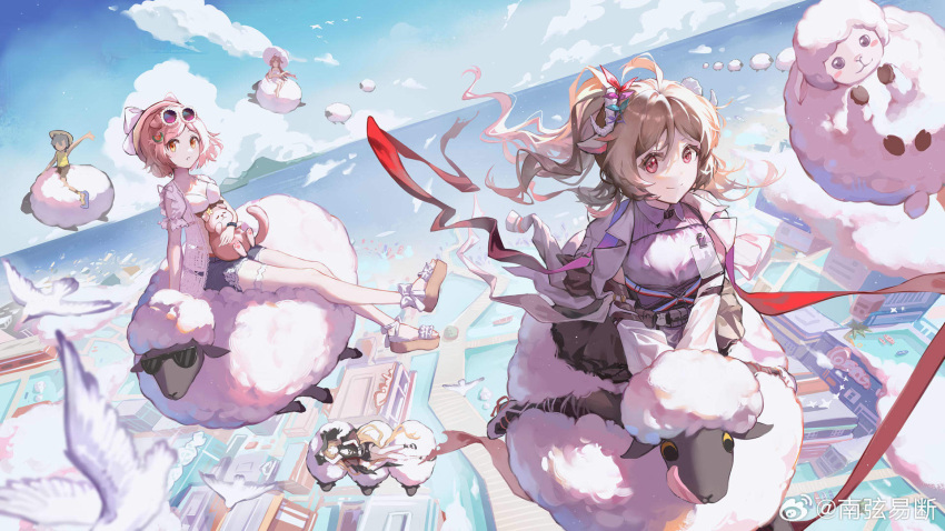 1other, 4girls, animal, arknights, bikini, bird, black_headwear, black_one-piece_swimsuit, black_skirt, blue_sky, breasts, brown_hair, building, canal, cat, chinese_commentary, clouds, coat, commentary_request, denim, denim_shorts, dock, dove, eyjafjalla_(arknights), eyjafjalla_the_hvit_aska_(arknights), fantasy, flower-shaped_eyewear, flying, goldenglow_(arknights), goldenglow_(summer_flowers)_(arknights), hat, highres, holding, holding_animal, holding_cat, holding_umbrella, id_card, kneeling, lab_coat, large_breasts, long_hair, lying, medium_breasts, multiple_girls, myrtle_(arknights), myrtle_(summer_flowers)_(arknights), nanxianyiduan, ocean, on_back, one-piece_swimsuit, open_clothes, open_coat, outdoors, parasol, pink_eyes, pink_hair, pink_headwear, purple_shirt, red_ribbon, redhead, ribbon, riding, sandals, sheep, shirt, short_hair, shorts, side_ponytail, skirt, sky, sun_hat, swimsuit, swimsuit_cover-up, swire_(arknights), swire_the_elegant_wit_(arknights), thigh_strap, tinted_eyewear, umbrella, violet_eyes, volcano, weibo_username, white_bikini