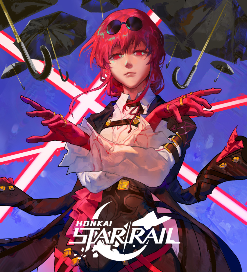 1girl, absurdres, closed_mouth, coat, coat_on_shoulders, english_commentary, eyewear_on_head, gloves, hieumay, highres, honkai:_star_rail, honkai_(series), kafka_(honkai:_star_rail), logo, long_sleeves, open_hands, purple_gloves, purple_hair, round_eyewear, shirt, solo, umbrella, upper_body, violet_eyes, white_shirt, white_sleeves