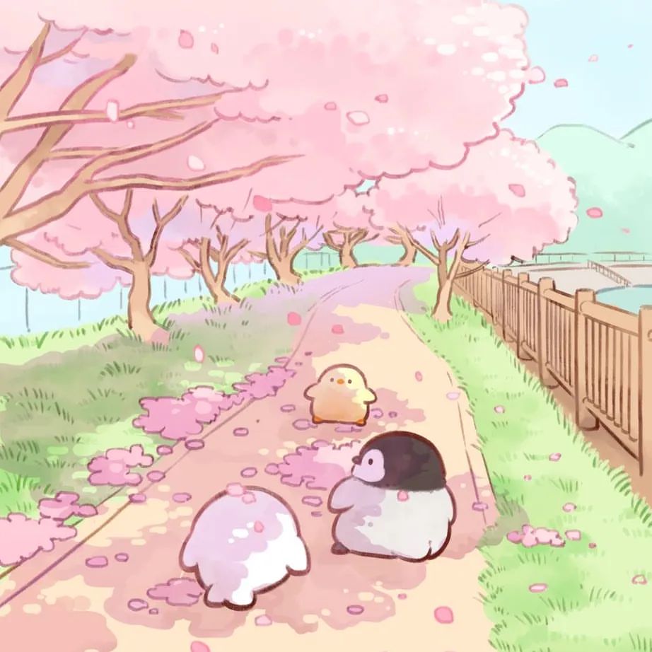 animal_focus, beak, bird, bird_tail, black_eyes, blue_sky, cherry_blossoms, chick, commentary_request, day, falling_petals, feathers, from_behind, grass, grey_feathers, hill, lake, looking_at_another, mofupiyo, no_humans, original, outdoors, path, penguin, petals, railing, sky, solid_circle_eyes, spring_(season), tail, tree, white_feathers, yellow_feathers