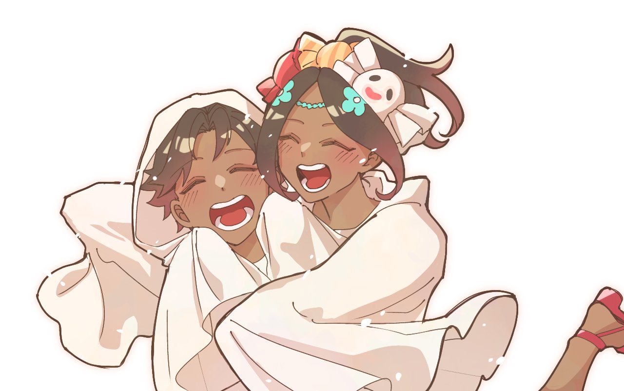 1boy, 1girl, brother_and_sister, brown_hair, candy_hair_ornament, closed_eyes, dark-skinned_female, dark-skinned_male