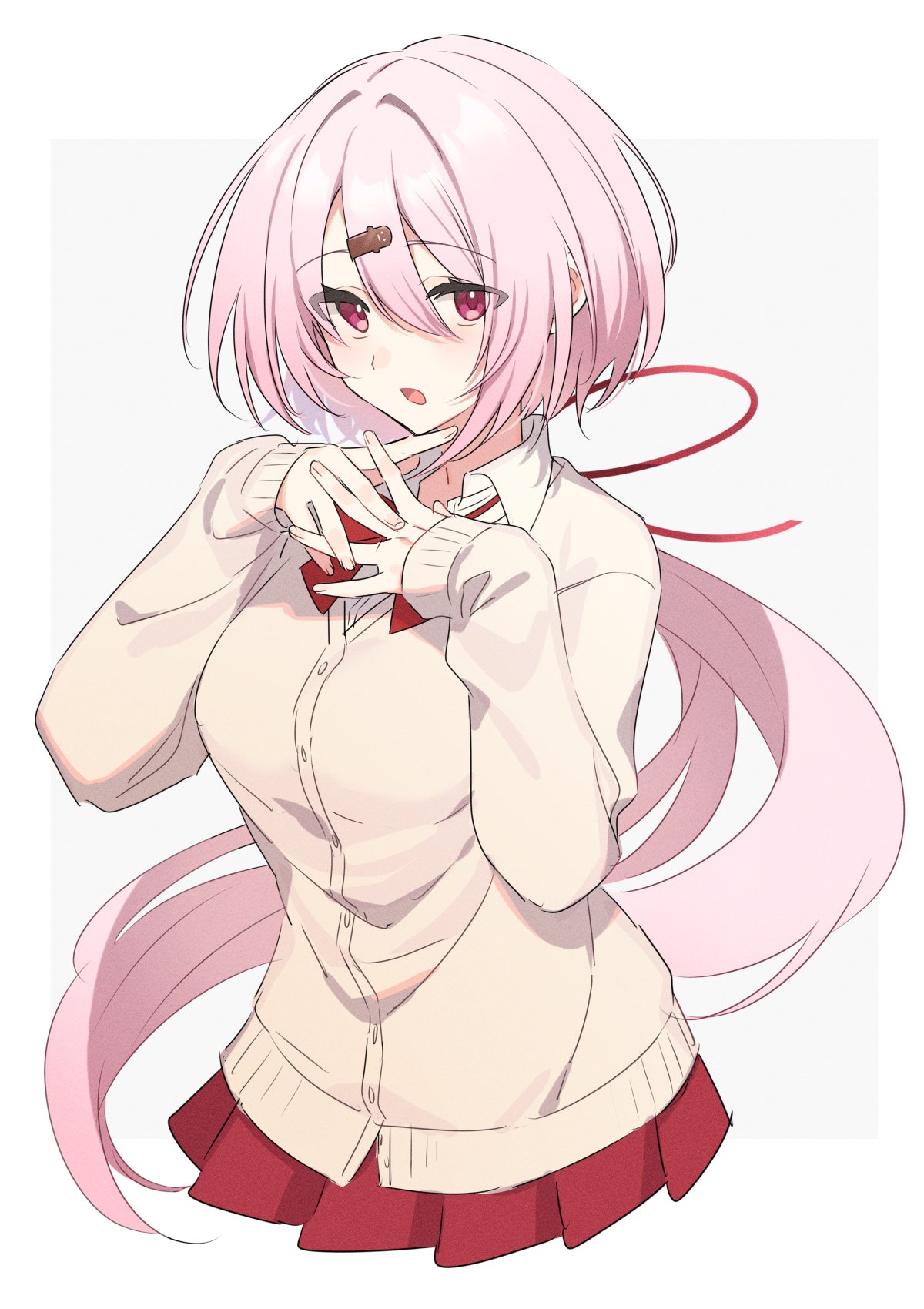 1girl, bow, bowtie, cardigan, hair_between_eyes, highres, long_hair, low_ponytail