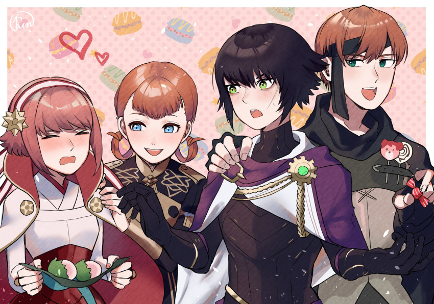 2boys, 2girls, annette_fantine_dominic, black_hair, blue_eyes, candy, closed_eyes, fire_emblem