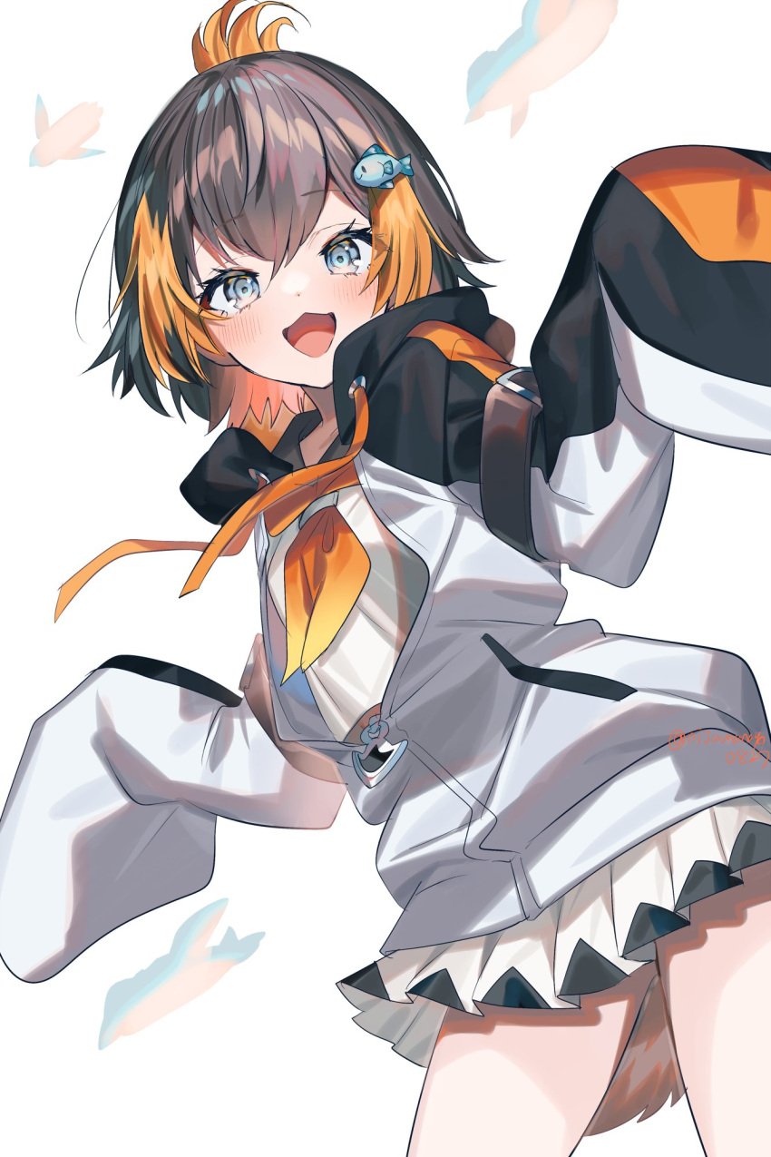 1girl, :3, animal_hood, bird, black_hoodie, blush, brown_hair, colored_inner_hair