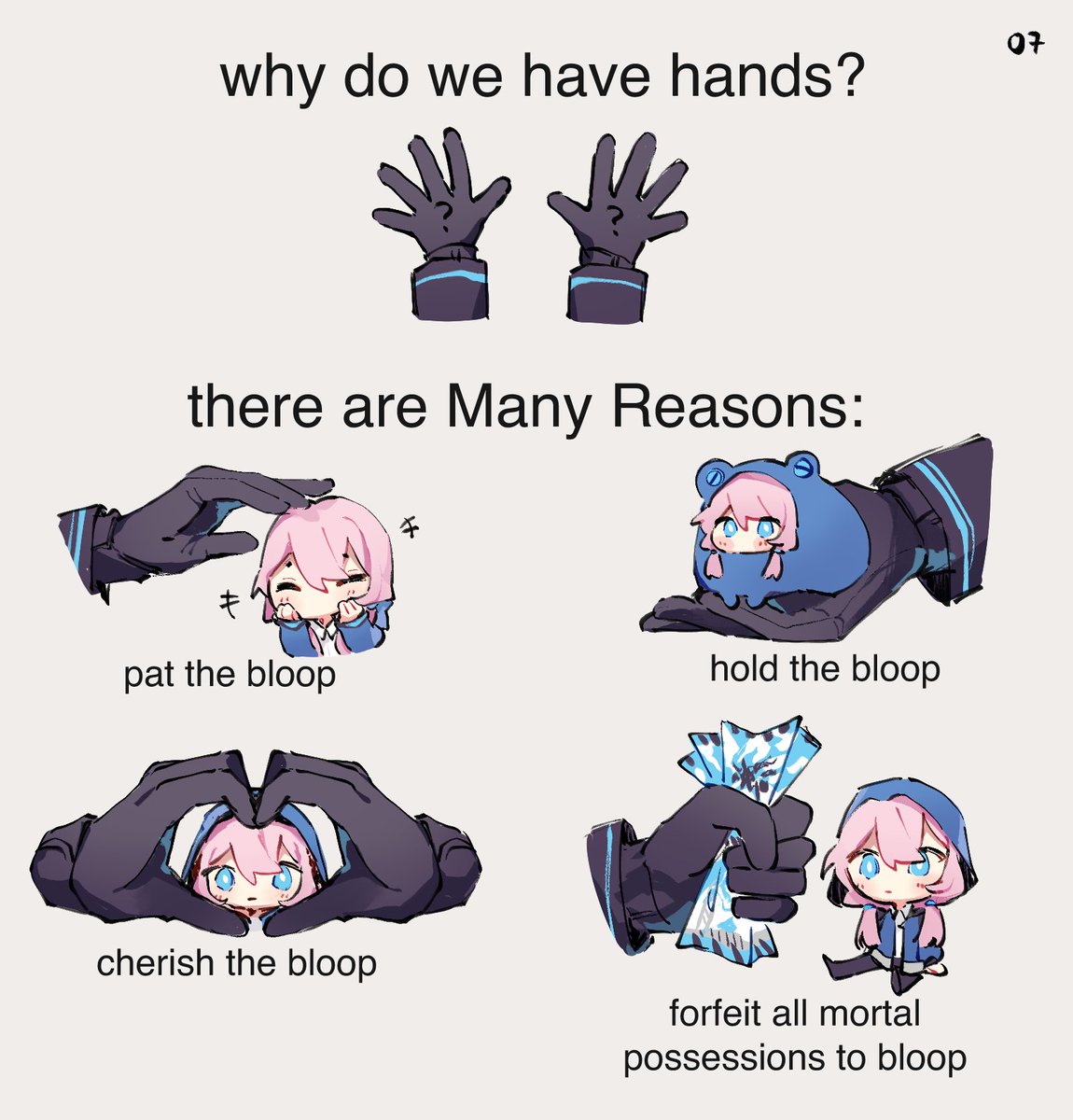 1girl, 1other, ?, arknights, black_gloves, black_pantyhose, blue_eyes, blue_jacket, blue_poison_(arknights), blush, chibi, closed_eyes, closed_mouth, commentary, cropped_torso, dailybloopy, doctor_(arknights), english_commentary, english_text, gloves, hair_between_eyes, heart, heart_hands, highres, hood, hood_up, hooded_jacket, jacket, long_hair, long_sleeves, looking_at_viewer, low_twintails, lungmen_dollar, meme, mini_person, multiple_views, open_clothes, open_jacket, pantyhose, pink_hair, simple_background, sitting, twintails, upper_body, white_background, why_do_we_have_hands_(meme)