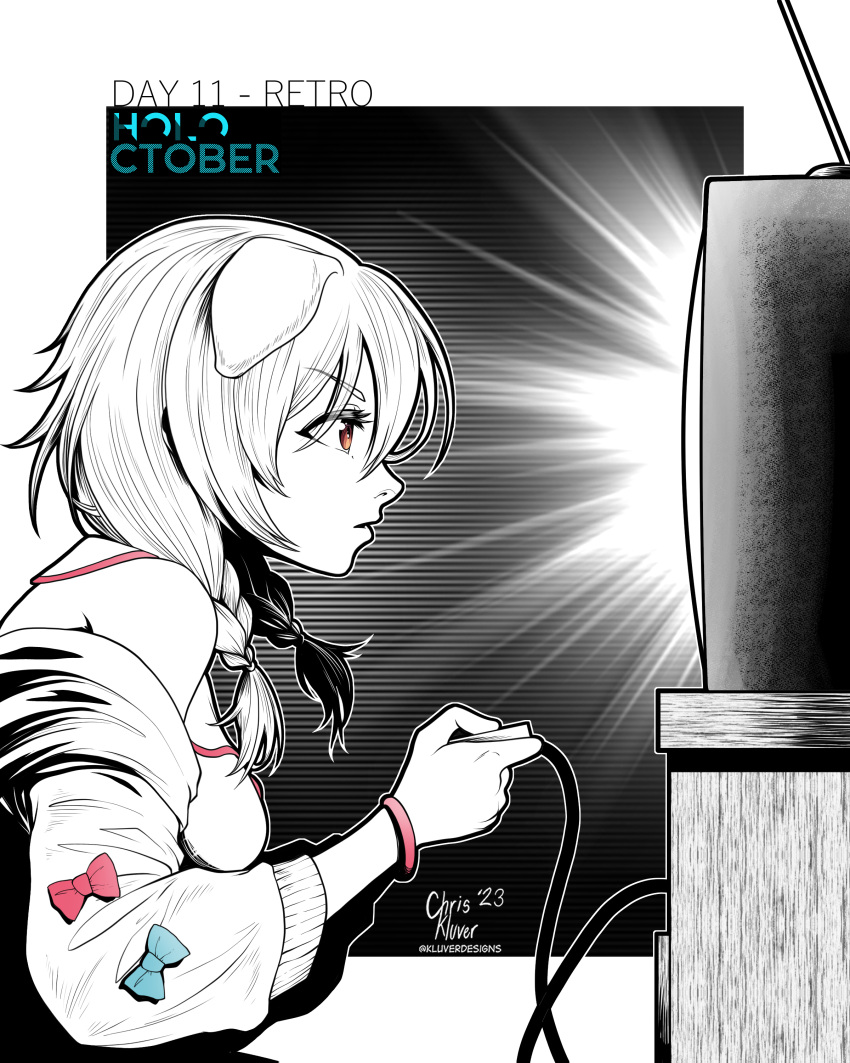 1girl, absurdres, animal_ears, braid, brown_eyes, commentary, controller, crt