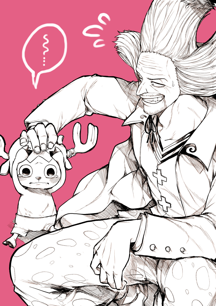 ..., 2boys, absurdres, animal_ears, antlers, black_eyes, blush, closed_mouth, crying, crying_with_eyes_open, dr._hiluluk, facial_hair, greyscale_with_colored_background, hand_on_another's_head, highres, horns, looking_at_another, male_focus, multiple_boys, one_piece, pink_background, reindeer_antlers, short_hair, smile, speech_bubble, stubble, tears, teeth, tony_tony_chopper, white_hair, yotsumi_shiro