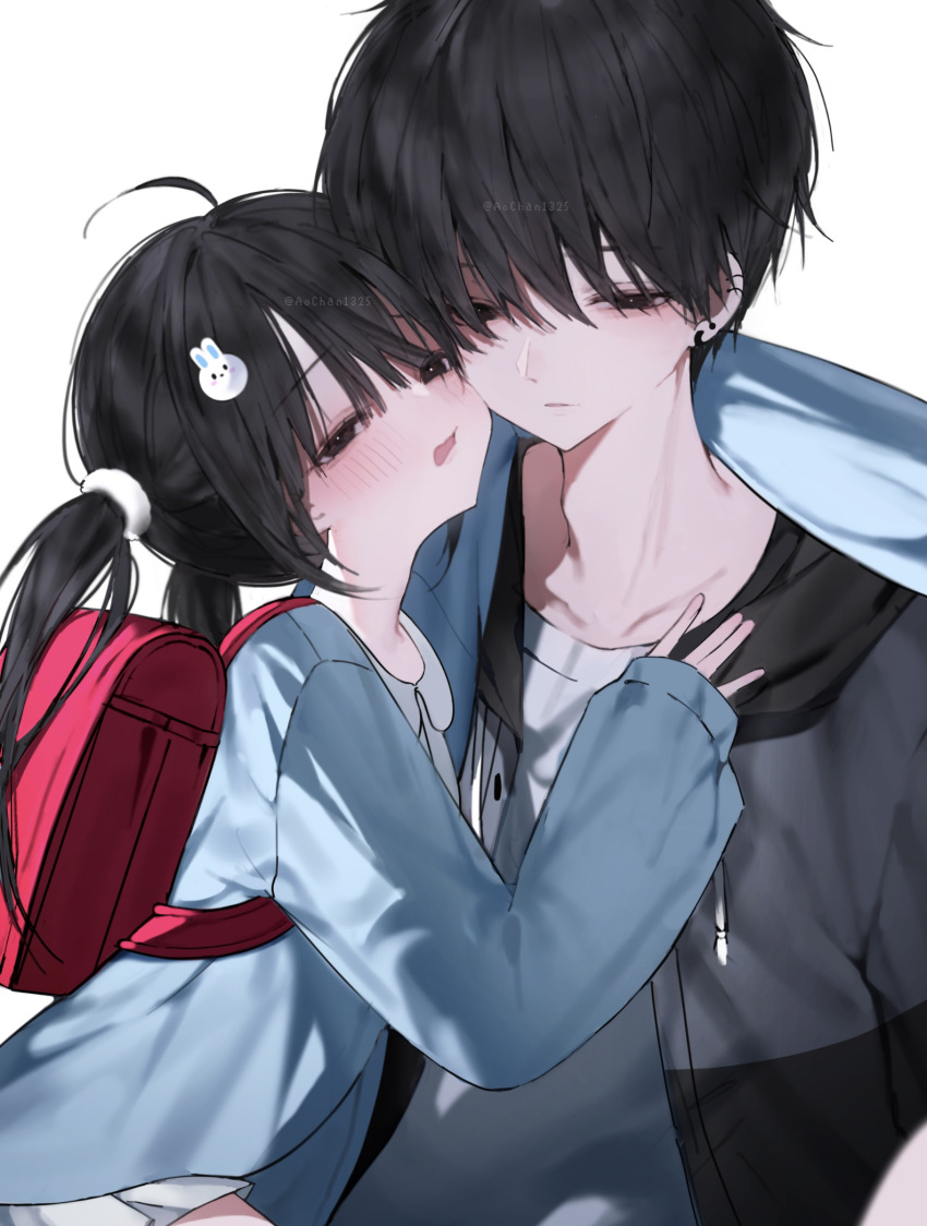1boy, 1girl, age_difference, ahoge, aochan_1325, backpack, bag, black_eyes