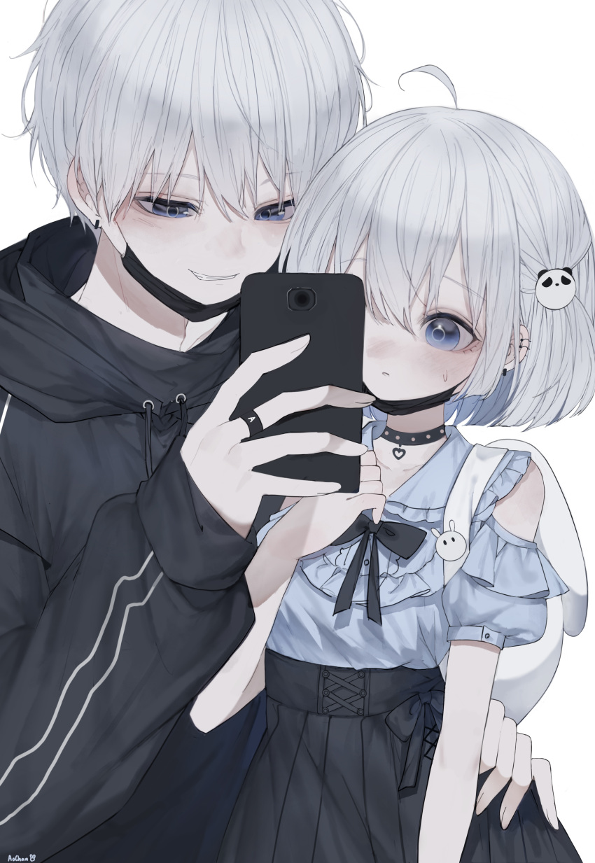 1boy, 1girl, absurdres, ahoge, aochan_1325, backpack, bag, black_hoodie