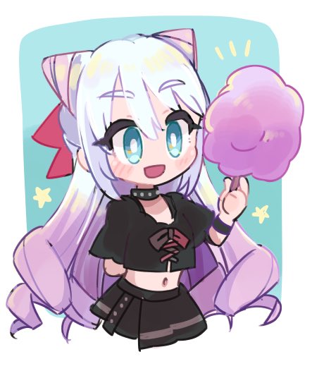 1boy, black_choker, blue_eyes, blue_hair, chibi, choker, cone_hair_bun, cotton_candy