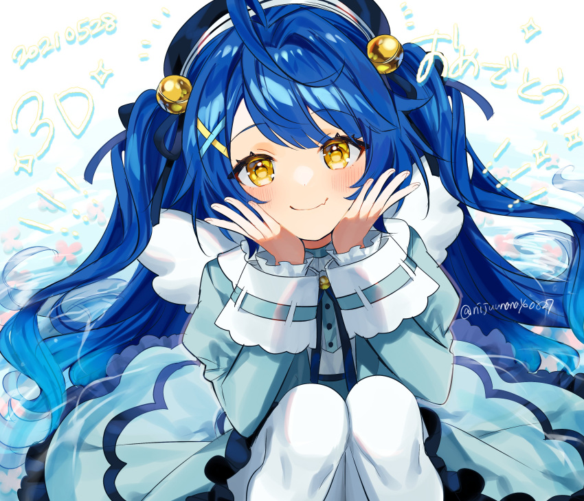 1girl, absurdres, amamiya_kokoro, amamiya_kokoro_(1st_costume), angel_wings, bell, blue_background, blue_dress