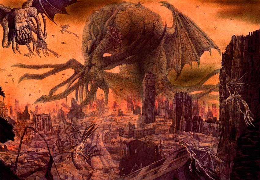 city, cityscape, cloud, clouds, cthulhu, dust, hiyokemusi, lovecraft