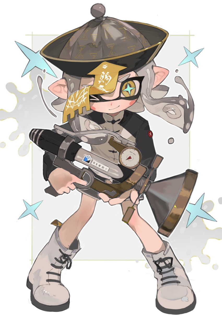 +_+, 1girl, black_jacket, blush, blush_stickers, boots, chinese_clothes, closed_mouth