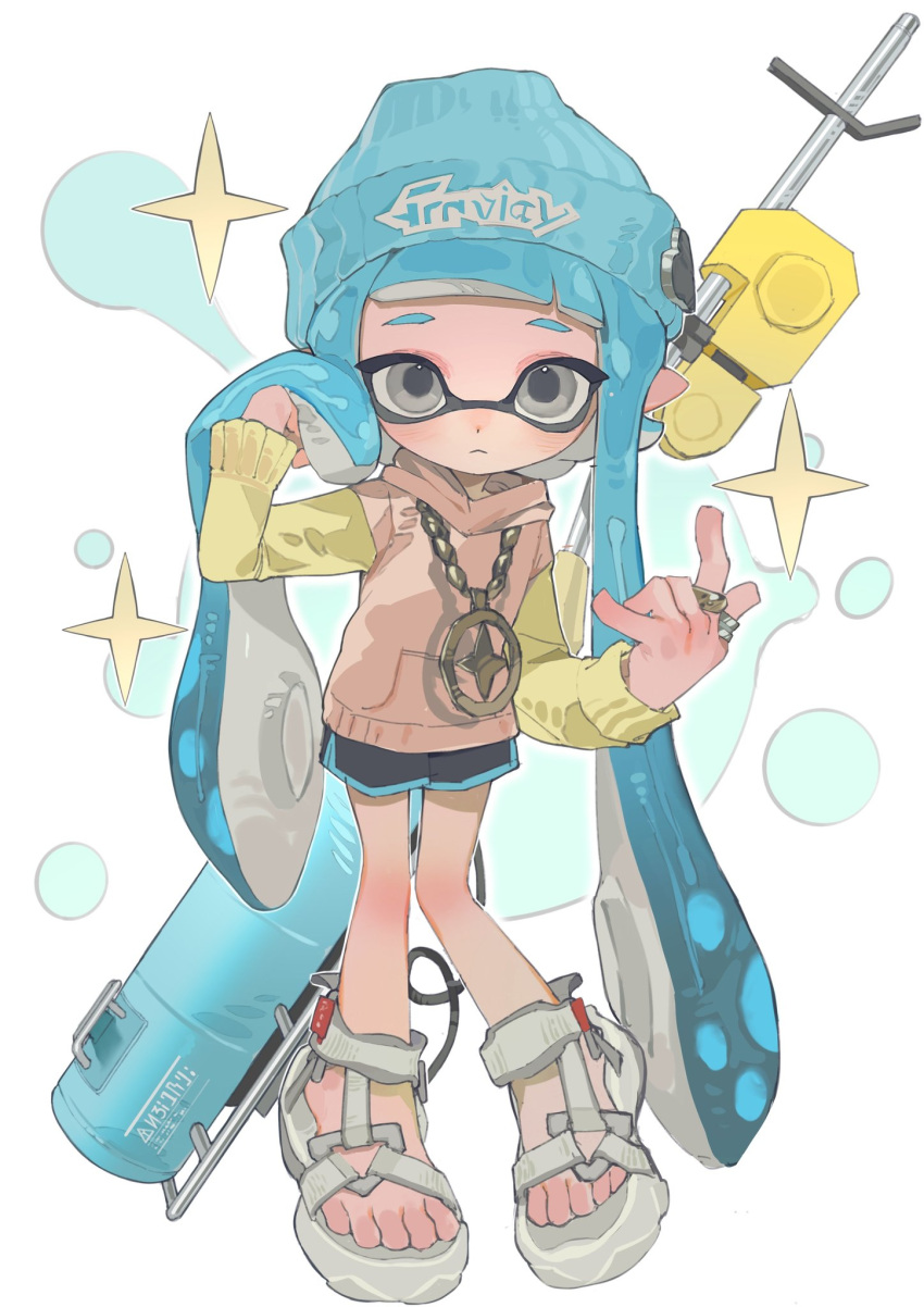 1girl, beanie, black_shorts, blue_hair, blue_headwear, blunt_bangs, blush, closed_mouth