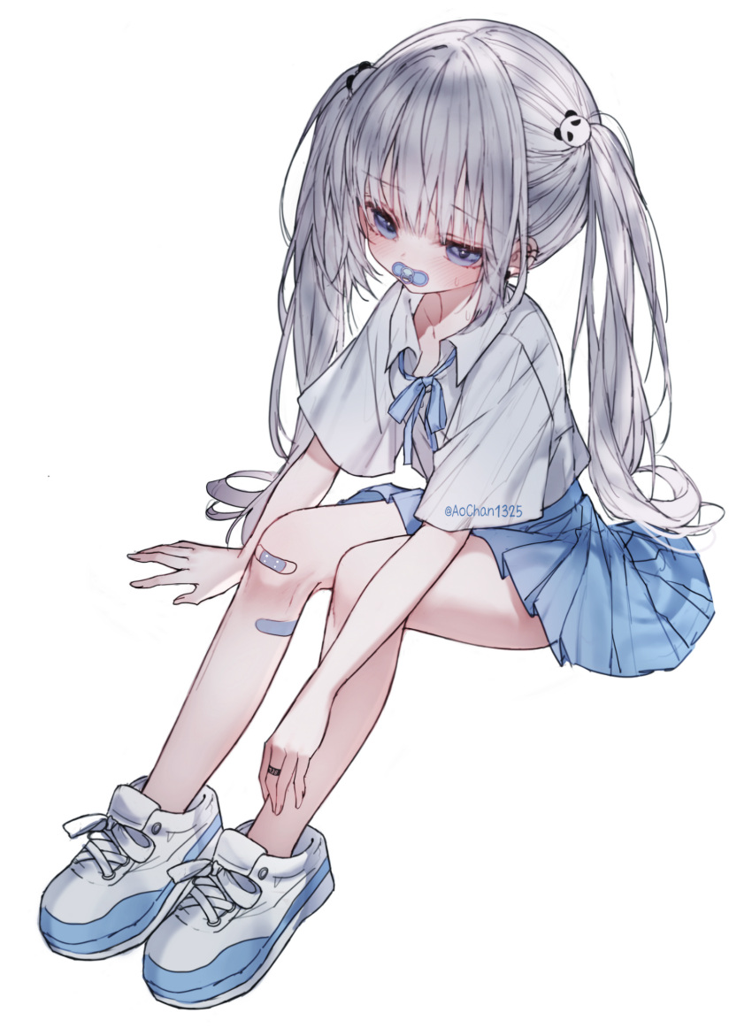 1girl, aochan_1325, arm_support, bandaid, bandaid_on_knee, bandaid_on_leg, bare_legs, blue_eyes, blue_ribbon, blue_skirt, blush, commentary_request, full_body, hair_ornament, highres, jewelry, long_hair, neck_ribbon, original, pacifier, panda_hair_ornament, pleated_skirt, ribbon, ring, shirt, shoes, simple_background, sitting, skirt, sneakers, solo, sweatdrop, white_background, white_hair, white_shirt