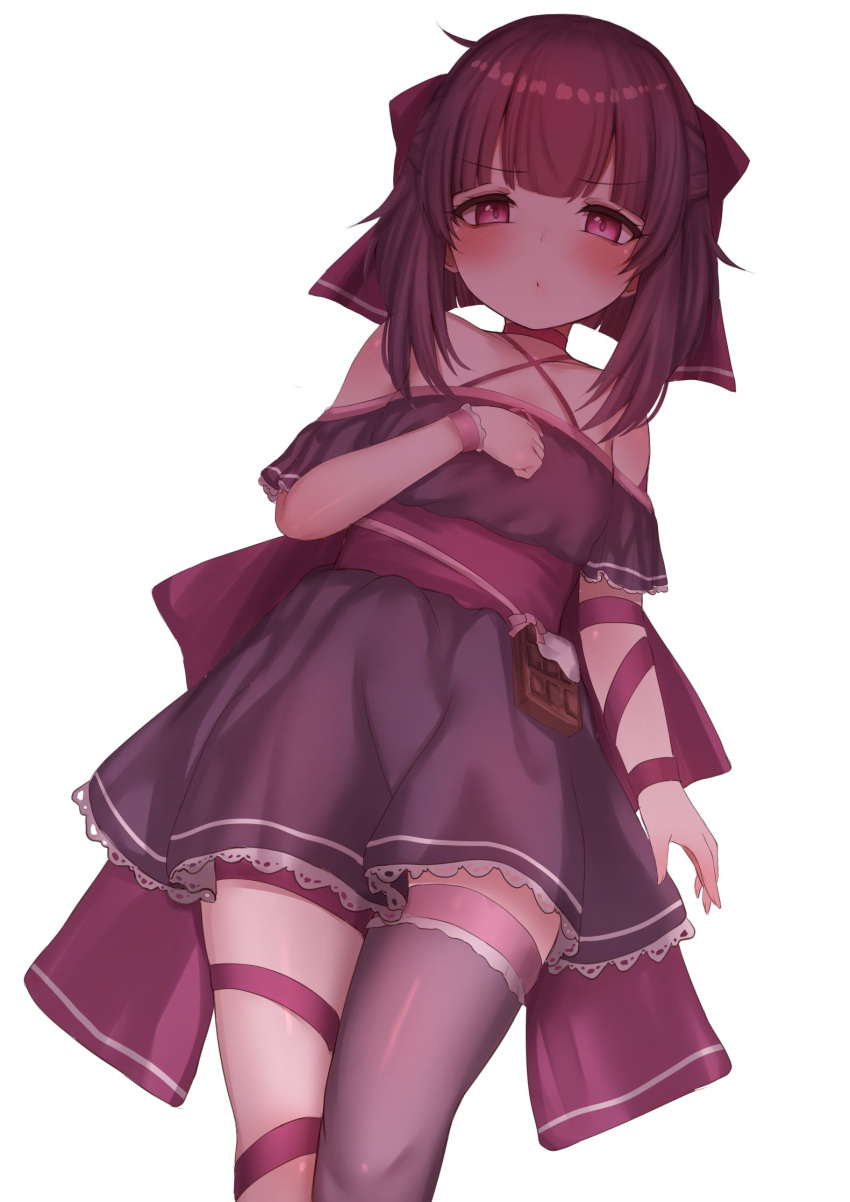 1girl, arm_ribbon, bare_shoulders, blush, chocolate, choker, commentary, dress