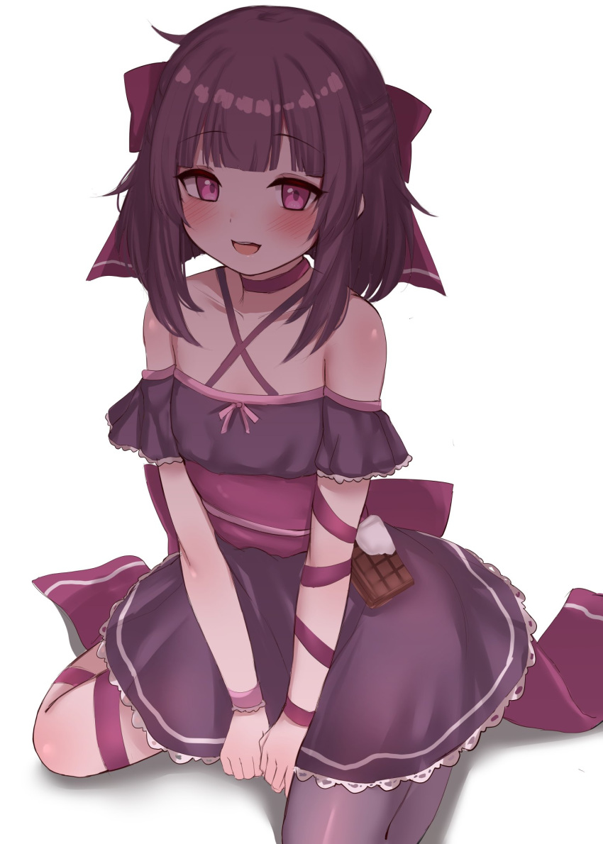 1girl, arm_ribbon, bare_shoulders, blush, bow, chocolate, choker, commentary