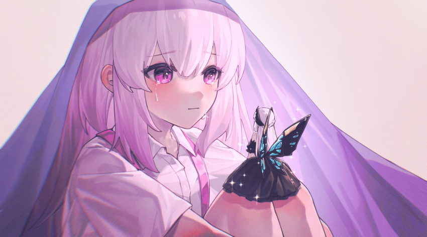 2girls, aged_down, black_dress, blanket, blush, braid, butterfly_wings, chinese_commentary, commentary, crying, detached_sleeves, dress, face-to-face, hair_between_eyes, hair_ornament, highres, liv:_empyrea_(dreamcatcher)_(punishing:_gray_raven), liv_(punishing:_gray_raven), long_hair, mini_person, minigirl, multiple_girls, pink_hair, punishing:_gray_raven, shirt, short_sleeves, sitting, sparkle, suspenders, tears, under_covers, white_hair, white_shirt, wings, zhou_huan_(dgpe2833)