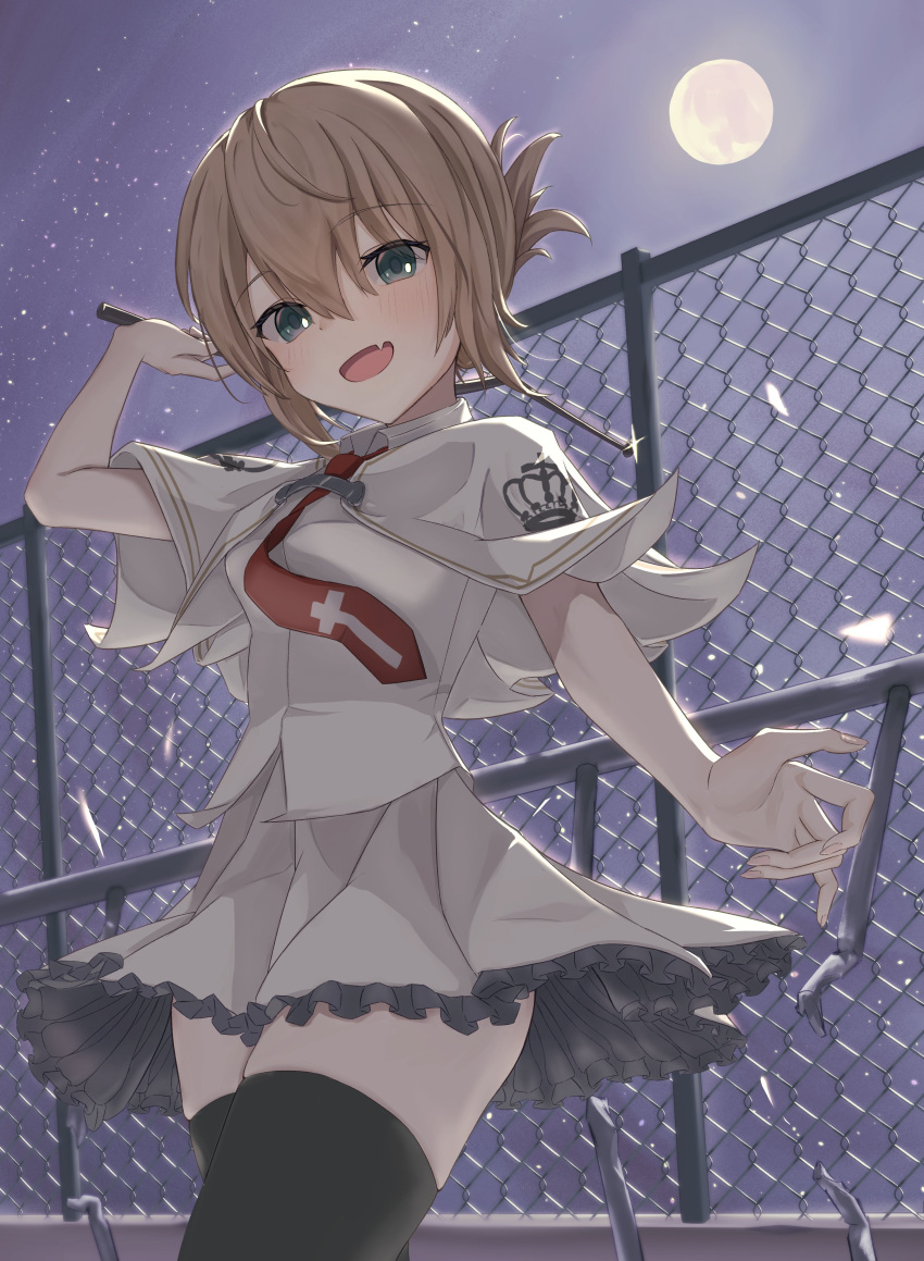 1girl, :d, absurdres, arm_at_side, arm_up, backlighting, black_thighhighs, blush, brown_hair, capelet, commentary_request, cross_print, crown_print, eyelashes, eyes_visible_through_hair, fang, fence, folded_ponytail, frilled_skirt, frills, full_body, glint, green_eyes, hair_between_eyes, highres, holding, holding_whip, looking_at_viewer, miniskirt, moonlight, necktie, night, night_sky, open_mouth, outdoors, pleated_skirt, red_necktie, school_uniform, shirt, skin_fang, skindentation, skirt, sky, smile, solo, star_(sky), starry_sky, subarashiki_hibi, tachibana_kimika, takoyaki032002, thigh-highs, thighs, white_capelet, white_shirt, white_skirt, zettai_ryouiki