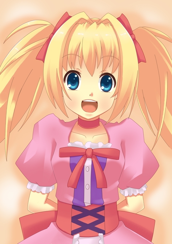 blonde_hair, blue_eyes, choker, corset, densetsu_no_yuusha_no_densetsu, dress, hair_ribbon, iris_eris