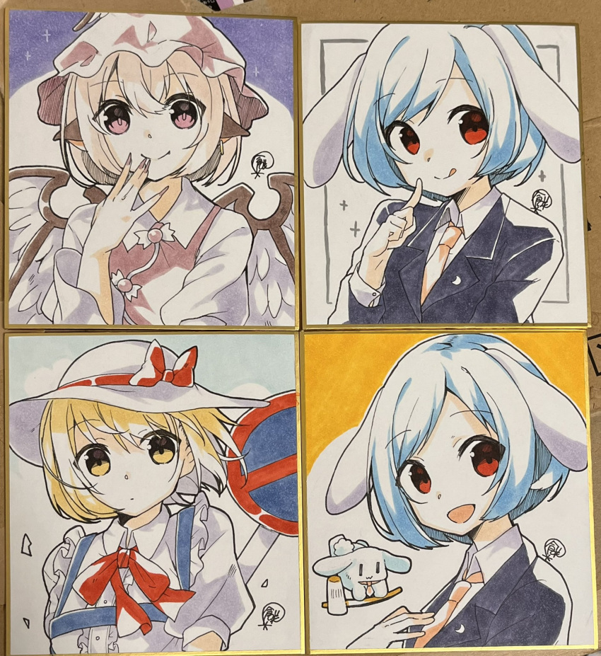 3girls, animal, animal_ears, bird_ears, bird_wings, black_jacket, blazer, blonde_hair, blue_hair, brown_dress, brown_headwear, brown_nails, closed_mouth, collared_shirt, dress, earrings, feathered_wings, fingernails, hat, highres, jacket, jewelry, kana_anaberal, kurasaki_cosmos, long_fingernails, multiple_girls, multiple_views, mystia_lorelei, nail_polish, necktie, open_mouth, orange_necktie, photo_(medium), pink_eyes, pink_hair, rabbit, rabbit_ears, red_eyes, reisen_(touhou_bougetsushou), sharp_fingernails, shikishi, shirt, short_hair, single_earring, smile, touhou, touhou_(pc-98), traditional_media, white_headwear, white_shirt, white_wings, winged_hat, wings, yellow_eyes