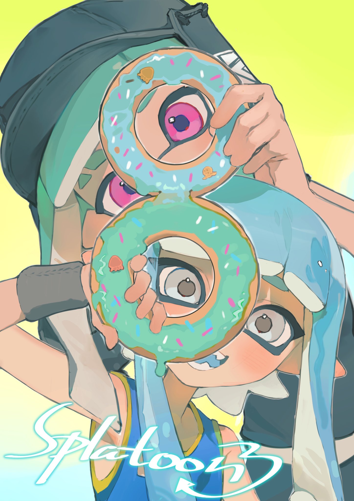 2girls, :d, bare_shoulders, black_headwear, black_wristband, blue_background, blue_hair, blue_shirt