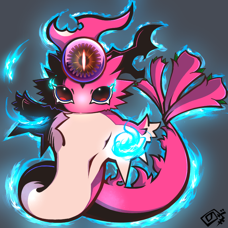 artist_logo, creature, duel_monster, full_body, glowing, grey_background, no_humans, nozaki_(user_eujy3775), red_eyes, simple_background, snake-eyes_populus, solo, yu-gi-oh!