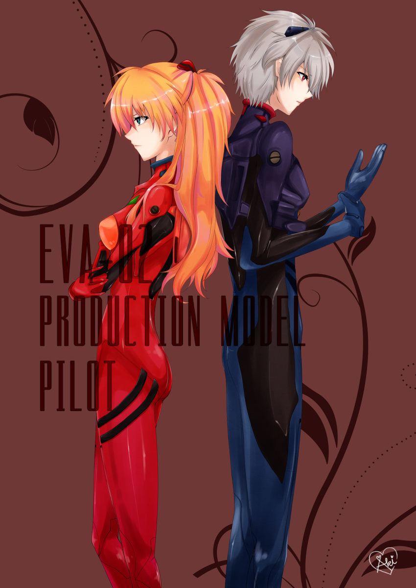blue_eyes, grey_hair, highres, long_hair, nagisa_kaworu, neon_genesis_evangelion, orange_hair, plugsuit, red_eyes, shikinami_asuka_langley, souryuu_asuka_langley, usamii