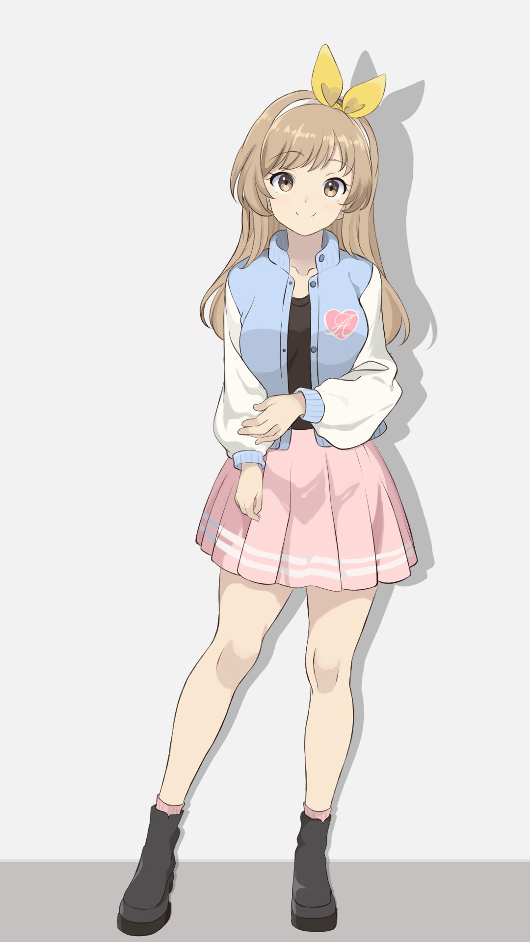 1girl, black_footwear, black_shirt, brown_eyes, chocomiru, full_body, grabbing_own_arm, hair_ribbon