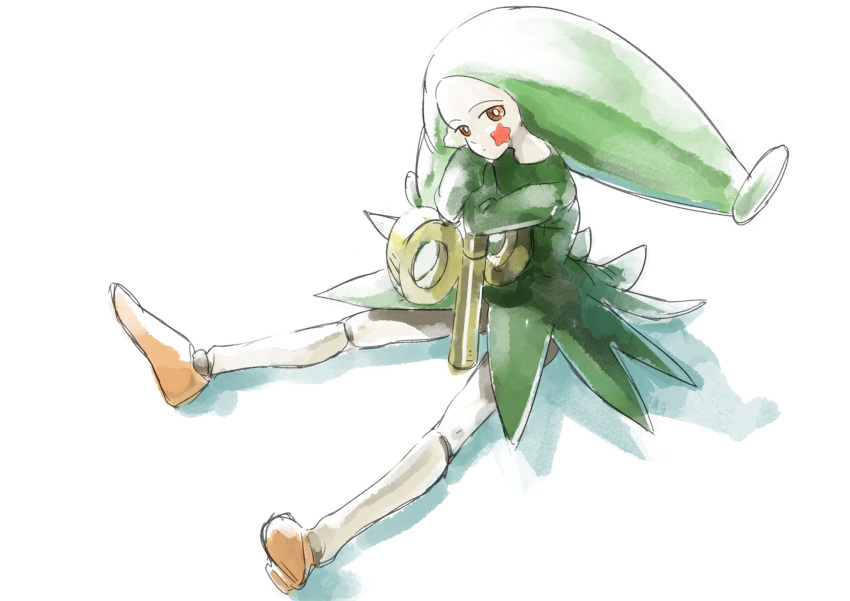 1girl, bright_pupils, crayon_shin-chan, doll_joints, dress, facial_mark, full_body, green_dress