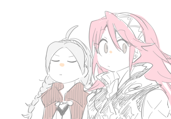 2girls, ahoge, braid, capelet, closed_eyes, closed_mouth, fire_emblem, fire_emblem_fates