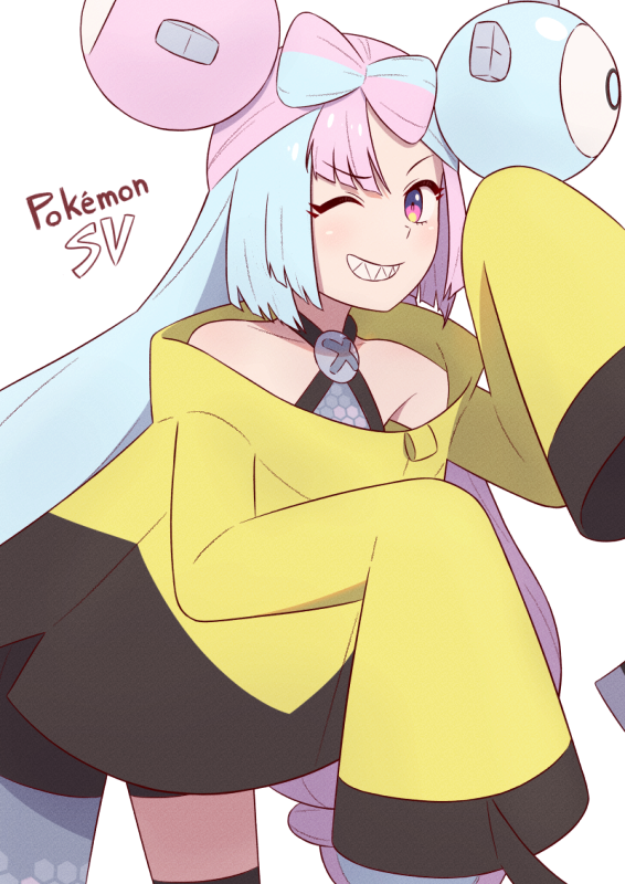 1girl, ;d, bare_shoulders, blue_hair, bow-shaped_hair, character_hair_ornament, hair_ornament, hinoyama_kou