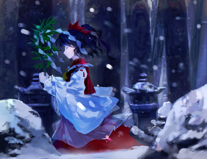 1girl, black_hair, chamaruk, closed_eyes, closed_mouth, detached_sleeves, from_side, hakurei_reimu